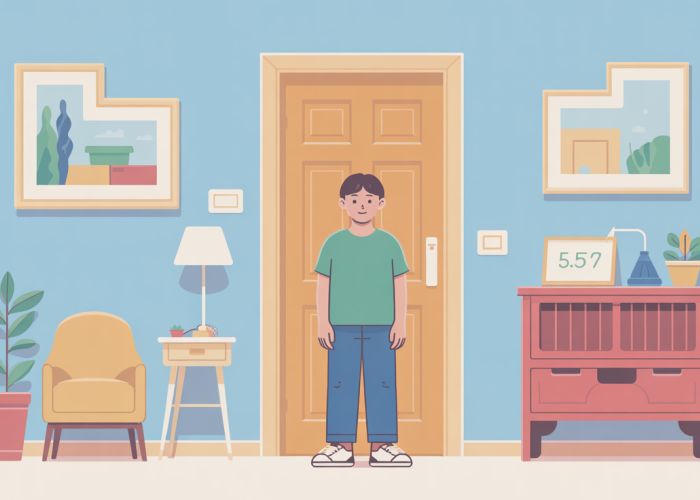 Person measuring 1.57 meters standing next to a doorframe for height comparison.