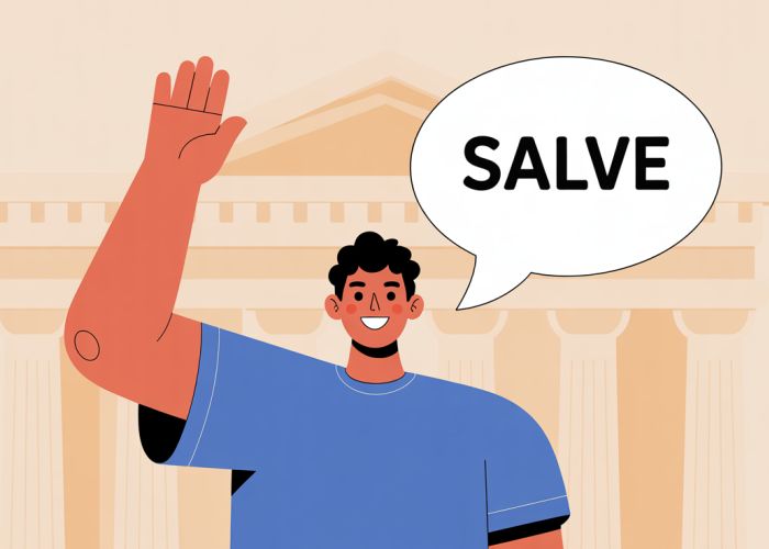 Illustration of a person waving with a speech bubble that says 'Salve', the Latin word for hello.