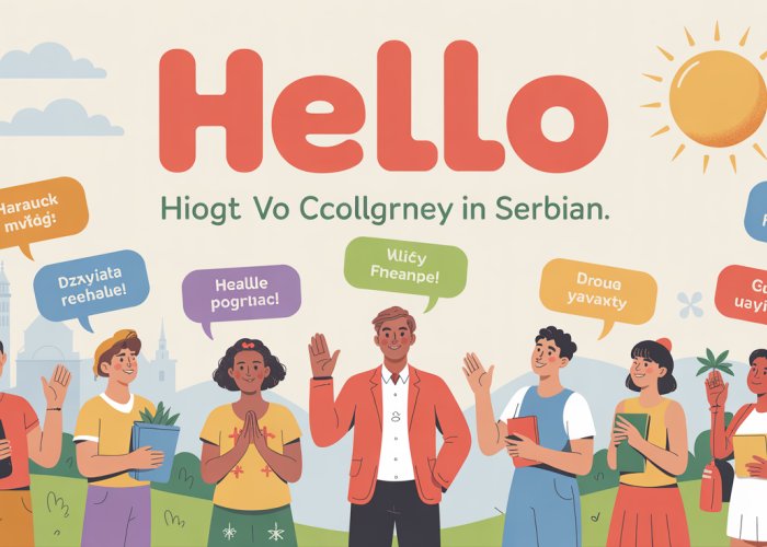 Diverse group of people greeting each other with the Serbian word 'Zdravo' (Hello) displayed prominently.