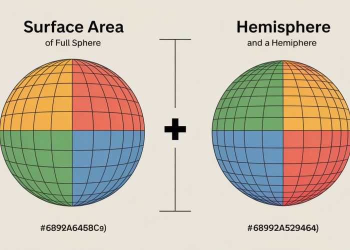 Infographic explaining the formula for the surface area of a hemisphere and comparing it to a full sphere.