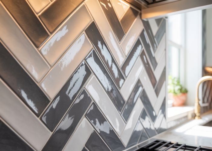 Modern kitchen backsplash featuring a classic herringbone tile pattern.
