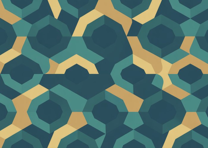 Geometric pattern of interlocking hexagon shapes in teal, gold, and blue.