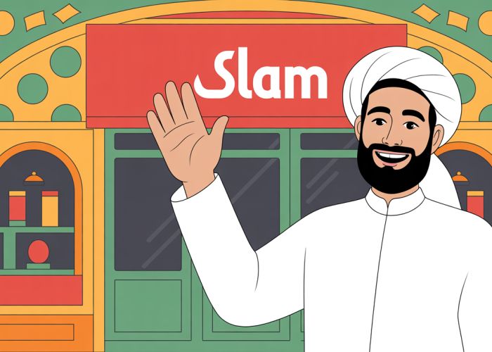 Persian person waving and smiling with the word 'Salam' (hello) in the background.
