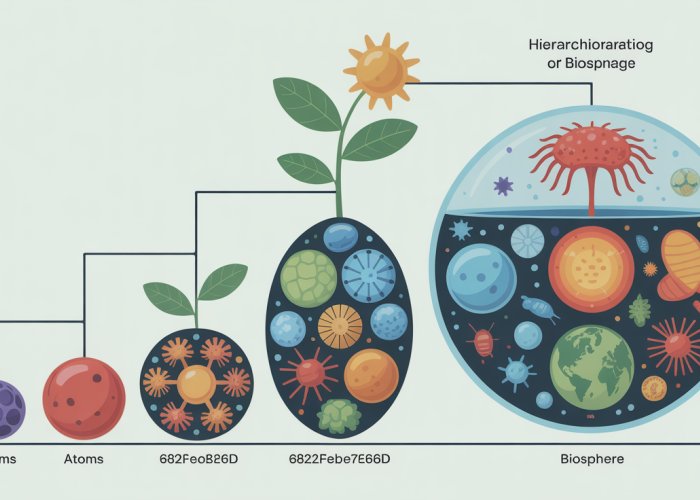 Diagram illustrating the hierarchical organization of life: atoms, molecules, cells, tissues, organs, organ systems, organisms, populations, communities, ecosystems, and biosphere.
