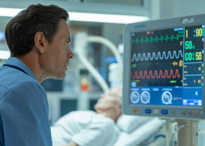 Medical professional monitoring patient vital signs in a high-acuity ICU environment.
