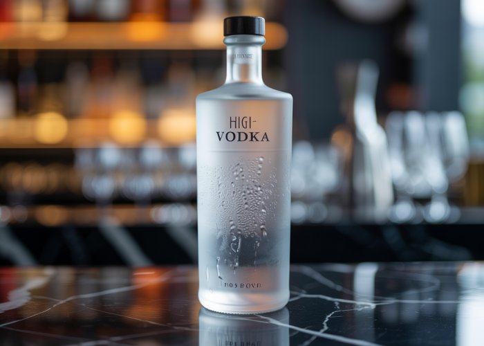Frosted bottle of high-proof vodka on a marble bar.