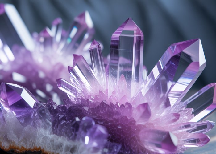 Crystal cluster emitting a vibrant violet and indigo aura, representing high-vibration color.