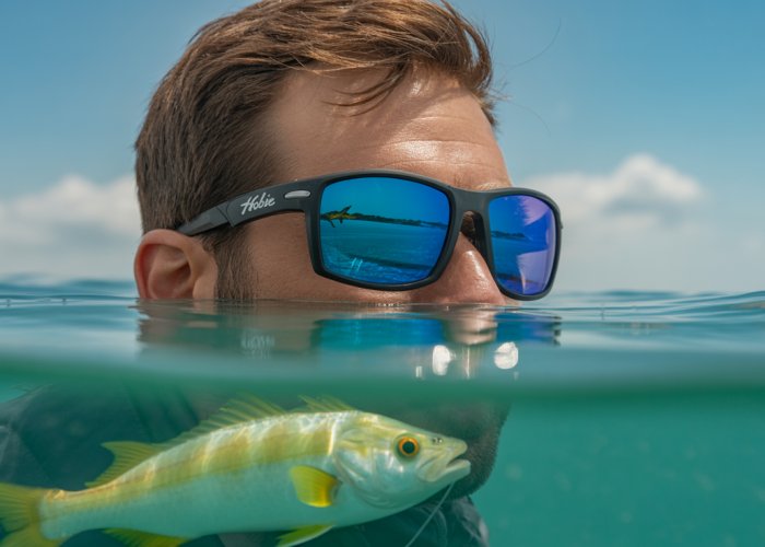 Person fishing on a boat wearing Hobie Polarized sunglasses, clear water showing underwater details.