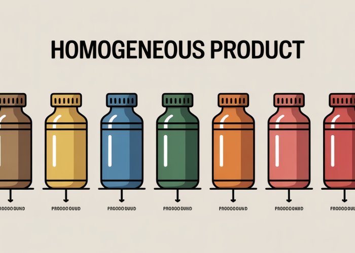 Illustration depicting multiple identical bottles of water to represent a homogeneous product, where consumers perceive no difference between brands.