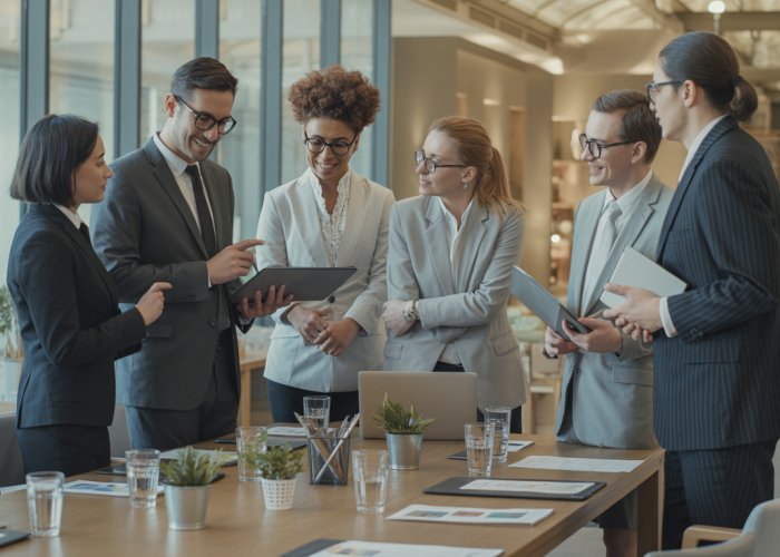 Hotel management team collaborating on strategies in a modern workspace.