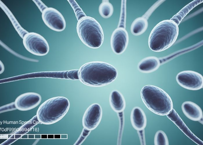 Microscopic view of human sperm cells illustrating their size relative to each other.