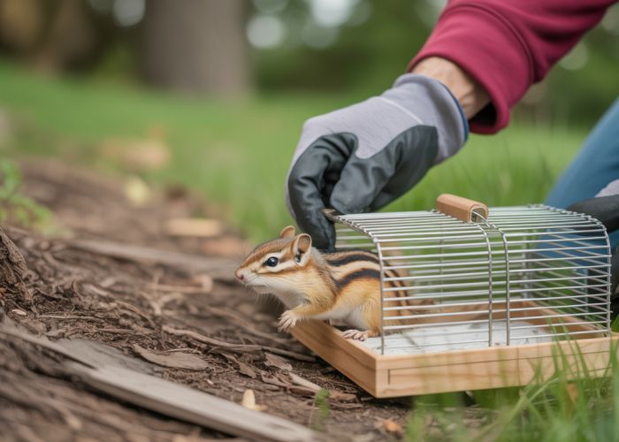 Homeowner releasing a chipmunk from a humane trap back into the wild.