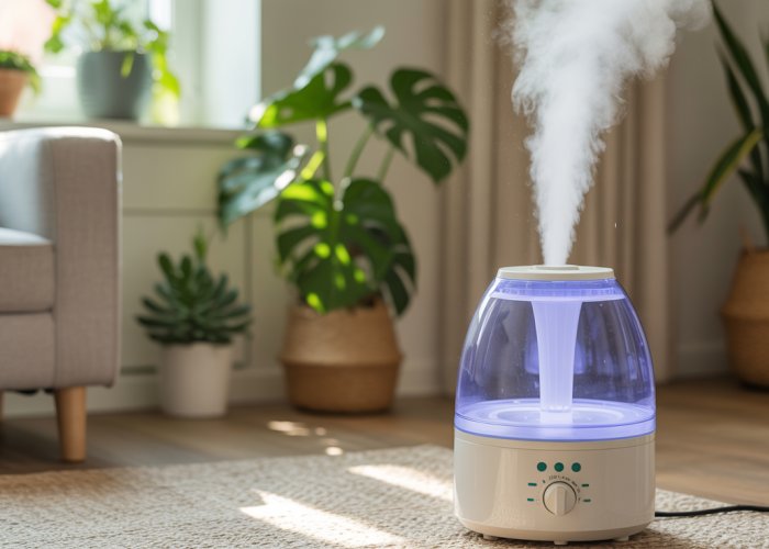 Humidifier releasing mist in a healthy home environment.