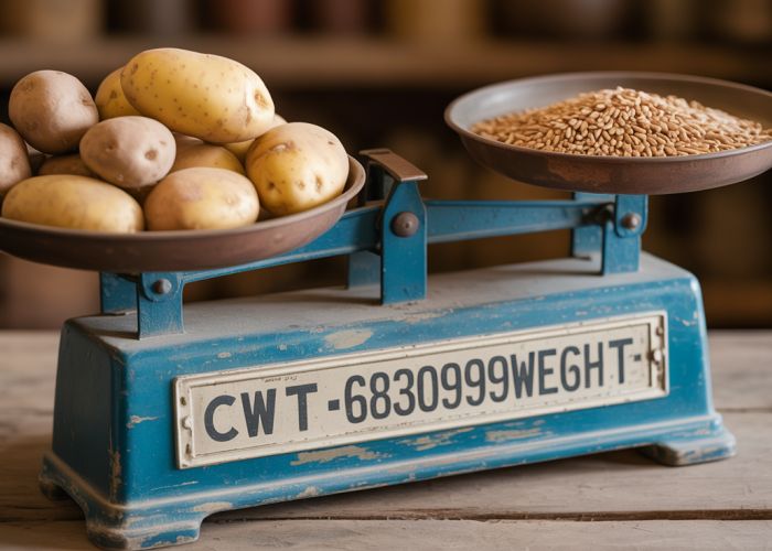 Vintage farm scale displaying a CWT (hundredweight) measurement with various farm goods.
