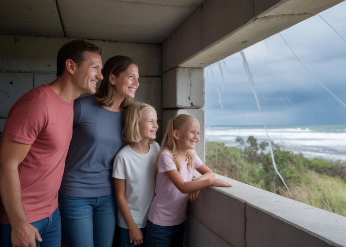 Family safe and smiling inside a hurricane-proof shelter during a storm.