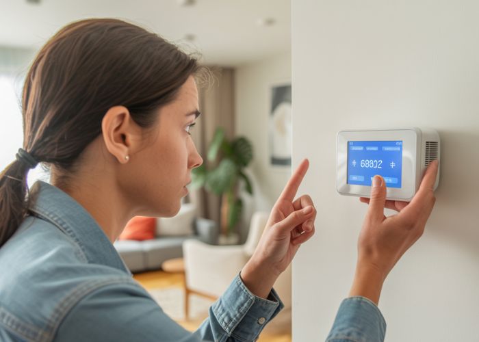 Homeowner frustrated with HVAC error code on smart thermostat.