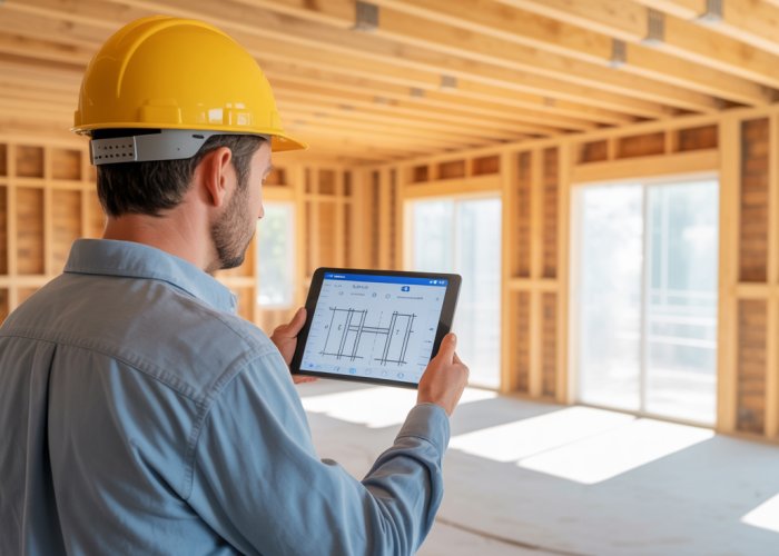 Builder uses I-joist span calculator app on construction site for floor joist design.