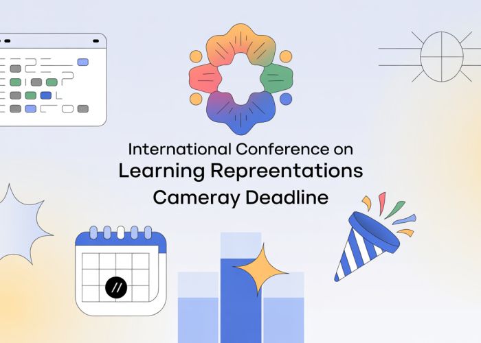 Celebratory image representing the ICLR camera-ready deadline, featuring stylized code, a glowing neural network, and a calendar marking the submission date.