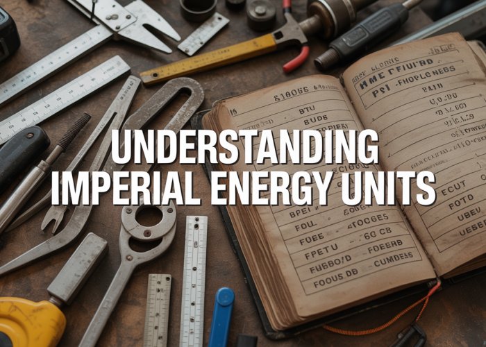 Workbench with tools and engineer's handbook showing examples of imperial energy units.