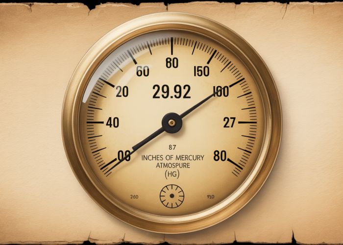 Vintage gauge showing atmospheric pressure reading of 29.92 inches of mercury (Hg).