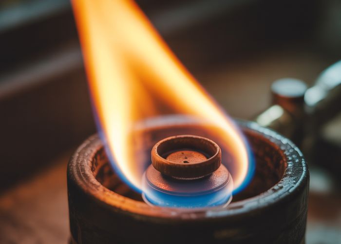 Propane flame showing signs of incomplete combustion, with orange and yellow hues and slight soot.