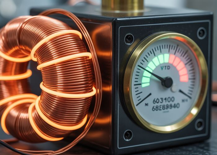 Electromagnet with glowing coils showing increased magnetic field strength on a gauge.