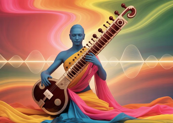 Sitar player in vibrant colors performing Indian classical trance music with swirling light patterns in the background.