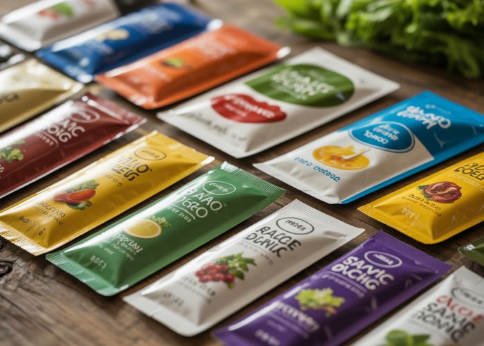 Variety of individual salad dressing packets including ranch, vinaigrette, and Italian.