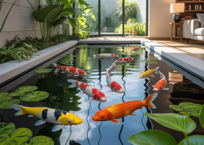 Indoor koi pond integrated into a modern living room with healthy koi fish and aquatic plants.