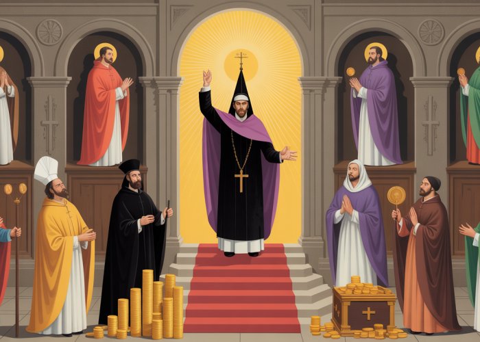 An illustration depicting the sale of indulgences in the medieval Catholic Church. A church official is shown accepting money in exchange for a document, while people are shown lined up to purchase them. Symbols of sin and salvation are also present.
