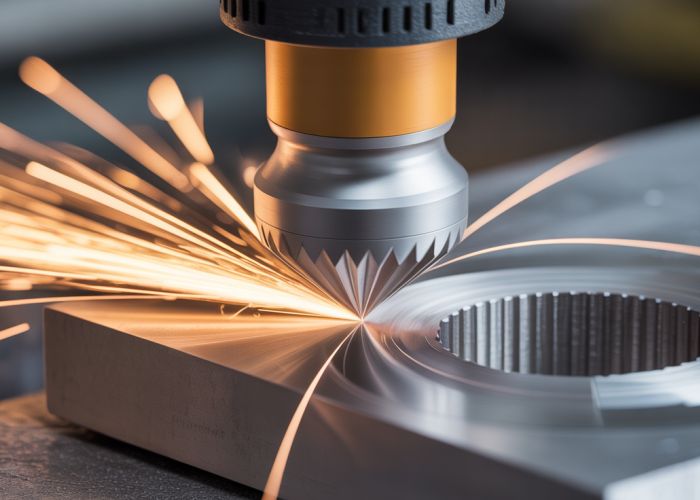 Industrial diamond cutting tool precisely cutting metal, showcasing its sharpness and effectiveness.