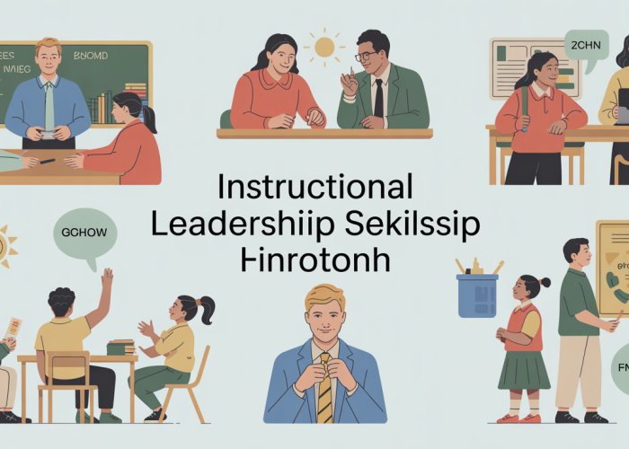 Various instructional leadership skills being demonstrated in a school setting: collaboration, professional development, and student engagement.