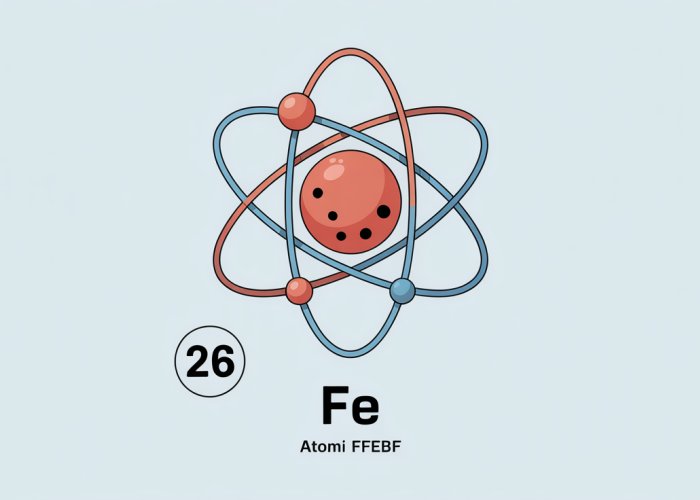 Diagram of an iron atom showing the nucleus with 26 protons and electron shells, highlighting the atomic number 26.