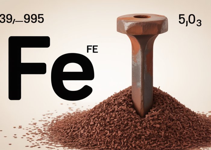 Illustration of the chemical formula for iron, Fe, displayed next to a rusty iron nail.