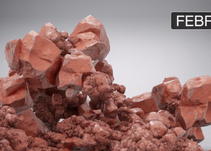 Reddish-brown crystals of iron(II) bromide, FeBr2, under magnification.
