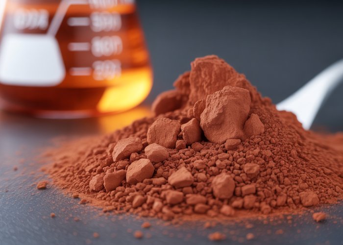 Macro photograph of iron(II) oxide powder, showing a dark gray/black granular substance.