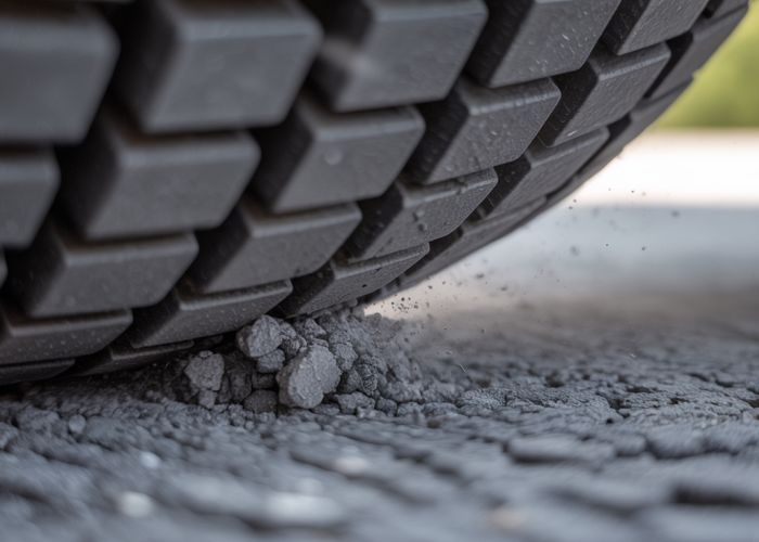 Close-up view of a tire rubbing against asphalt, illustrating the force of friction.