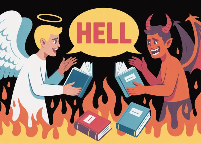Angel and Demon debating the capitalization of the word 'hell'.
