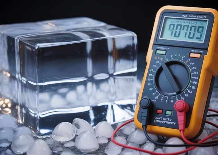 Multimeter testing the electrical conductivity of a block of ice, showing a low reading.