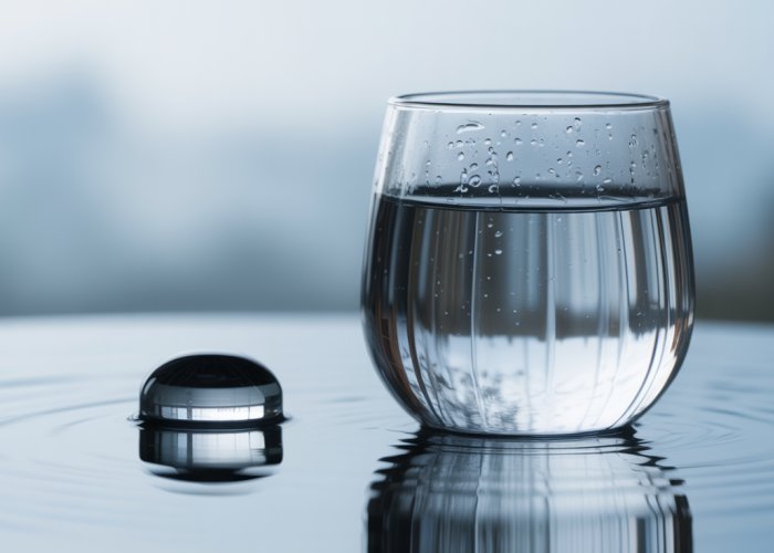 Clear water in a glass, representing the abiotic nature of water.