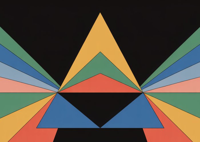 Abstract geometric image representing the sound of an isosceles triangle, with balanced shapes and resonant colors.