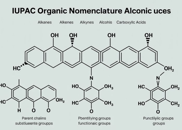 IUPAC organic nomenclature diagram showing the steps for naming alkanes, alkenes, alkynes, alcohols, and carboxylic acids.