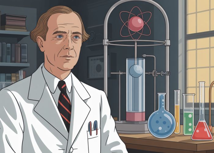 James Chadwick in his laboratory, illustrating his discovery of the neutron. Experimental setup visible in the background.