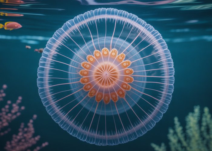 Translucent jellyfish displaying radial symmetry in deep blue ocean water.