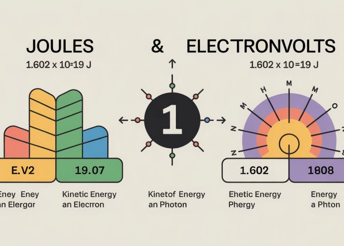Infographic explaining the conversion between Joules (J) and electronvolts (eV)