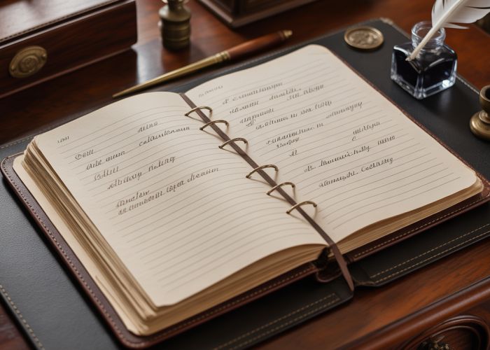 Close-up of a meticulously kept journal ledger with handwritten entries, quill pen, and inkwell.