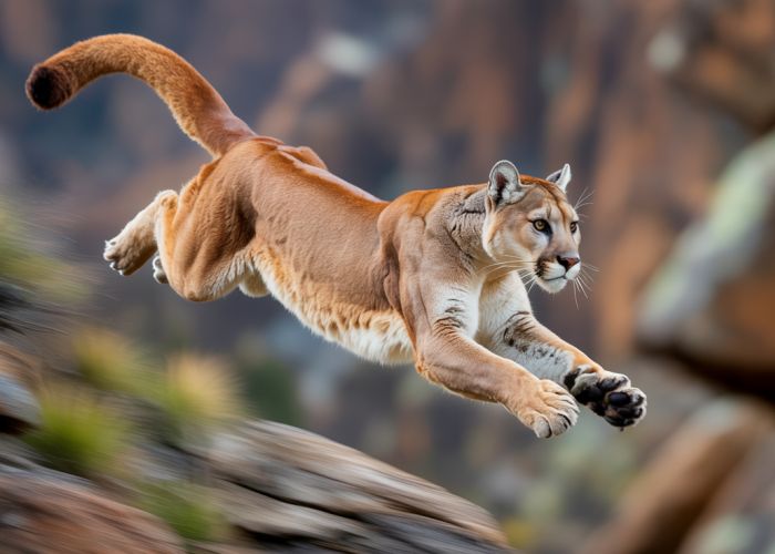 Mountain lion jumping across rocky terrain.