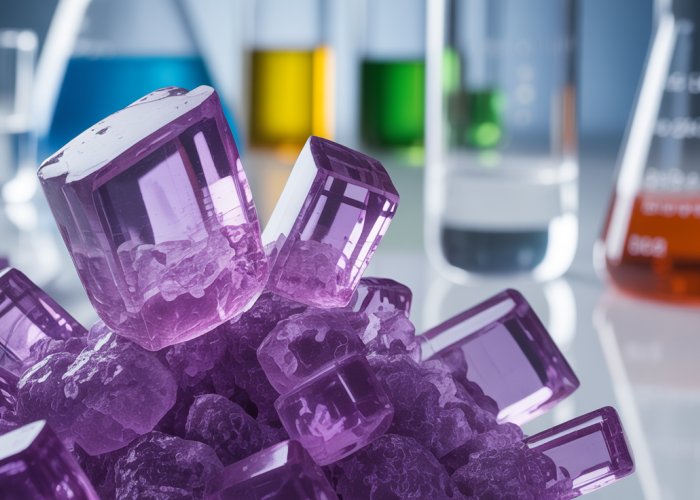 KA Benzoic Acid crystals under magnification in a laboratory.