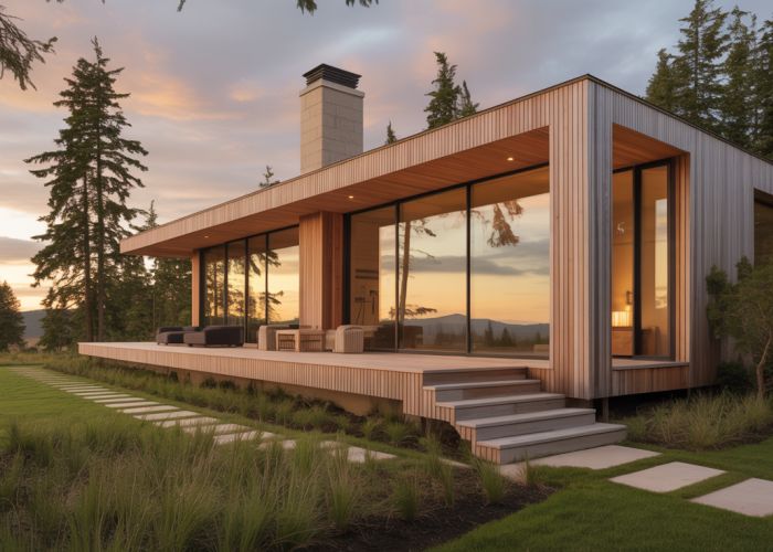 Modern home designed by Karl Fuchs featuring beautiful cedar cladding bathed in golden sunlight.