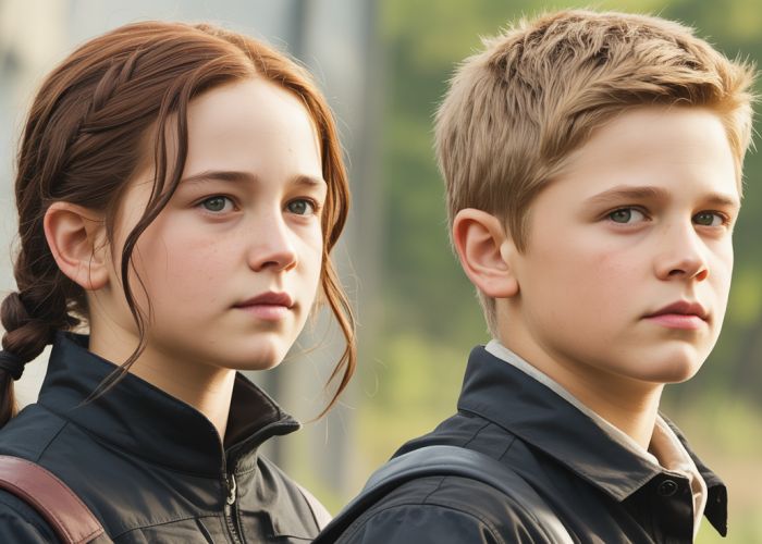 Fan art depicting Katniss Everdeen and Peeta Mellark's children, a boy and a girl, standing in a meadow.